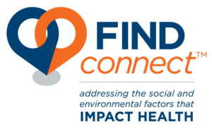 Findconnect logo that states addressing the social and environmental factors that impact health.